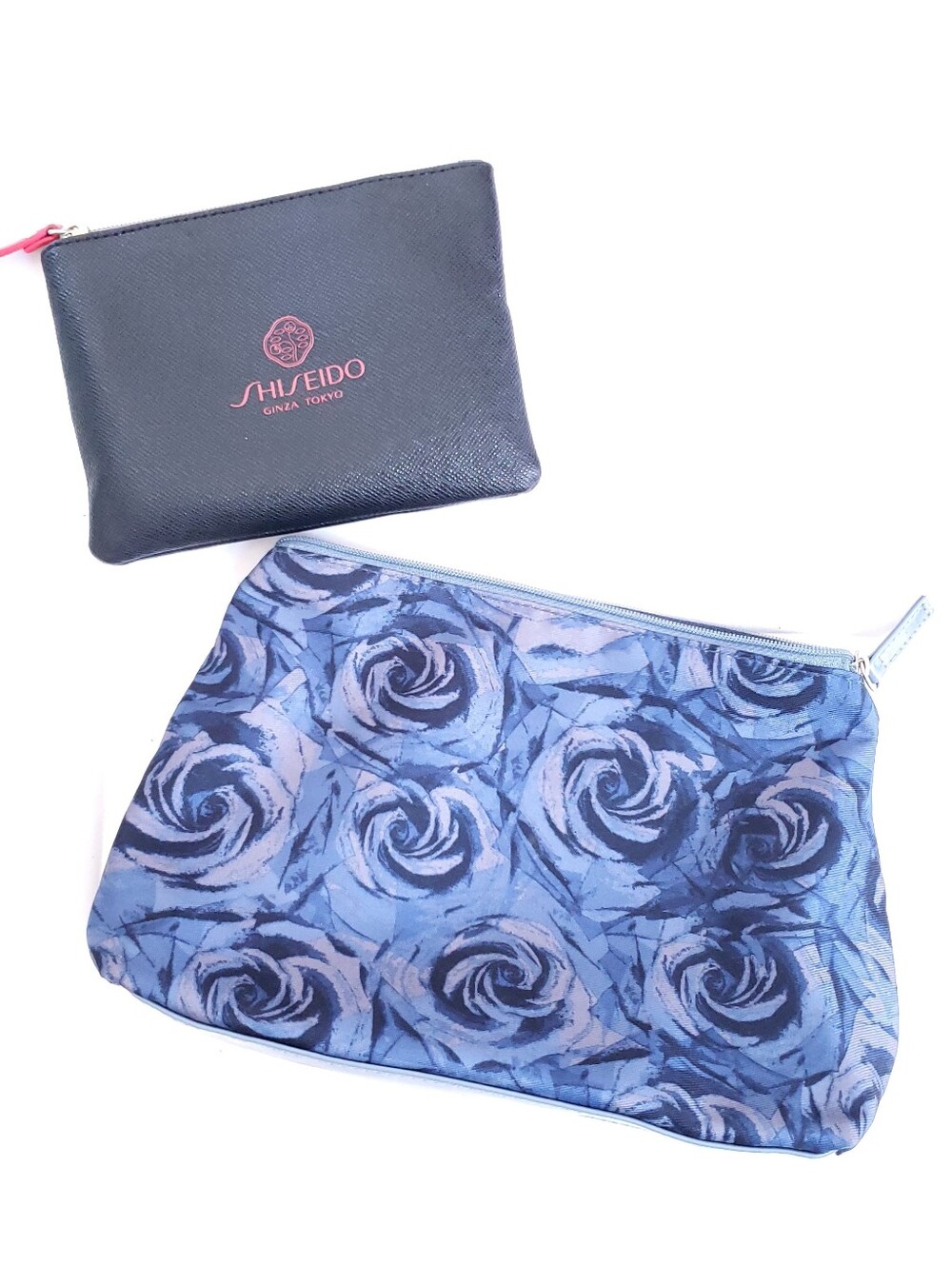 Shiseido Black Logo Cosmetic Pouch & Blue Rose Print Makeup Bag
